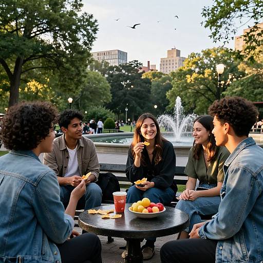 Photograph of four young adults, diverse backgrounds, sitting at a park table, laughing, eating apples, with fountain and trees in background.