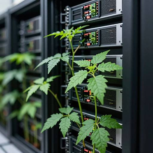 Photograph of green leafy plant growing between rows of black server racks with blinking red lights, contrasting nature and technology.