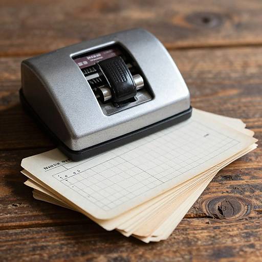 Photograph of a gray paper shredder on top of a stack of cream-colored, grid-patterned notepads on a rustic wooden table.