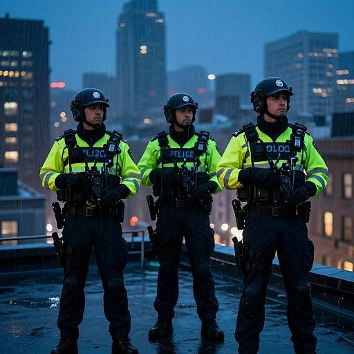 Photograph of three police officers in neon yellow jackets and black tactical gear standing on a rainy rooftop at dusk, with city skyscrapers in the background