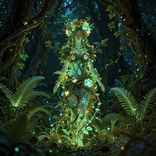 Digital artwork of a glowing, leafy forest creature with bioluminescent flowers, surrounded by enchanted, luminescent foliage in a dark, mystical