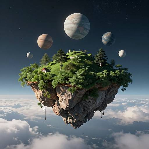CGI image of a floating, green, forested cliff island surrounded by five planets, above a cloudy sky horizon.