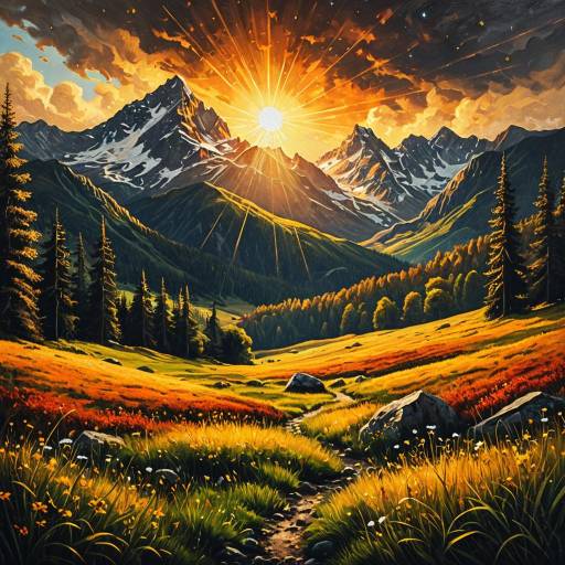 Golden Sunset Over Mountain Meadows Oil Painting