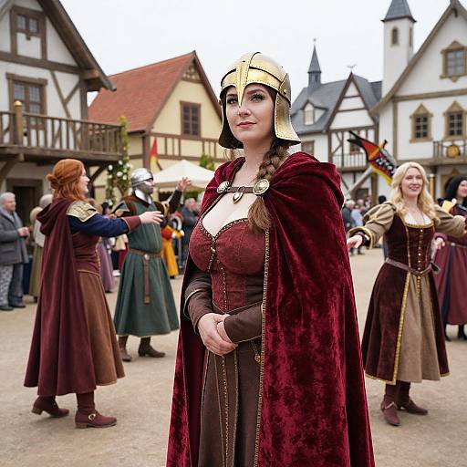 Photograph of a medieval reenactment: A fair-skinned woman with long brown hair, wearing a red velvet cloak and gold helmet, stands