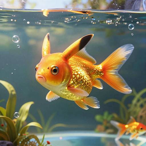 Photograph of a vibrant orange and goldfish with black-tipped fins, swimming in a clear aquarium with bubbles, plants, and another fish in the