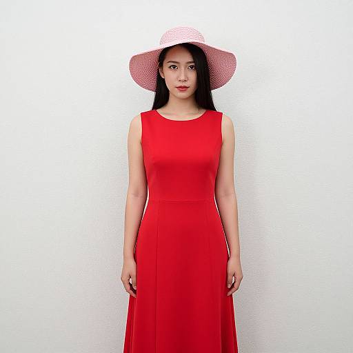 Photograph of an Asian woman with long black hair, wearing a red sleeveless dress and white polka-dot sunhat, standing against a plain white