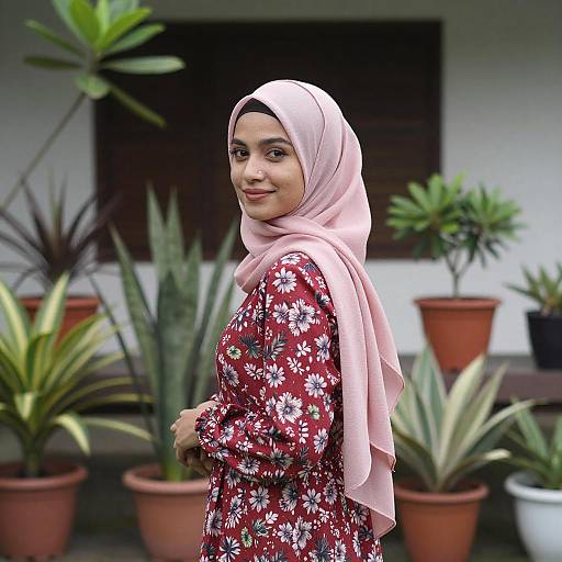 Young Woman in Pink Hijab Garden