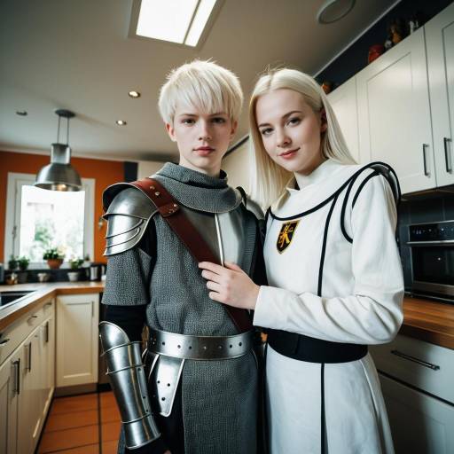 Albino Teen Knight and Girl in Modern Kitchen