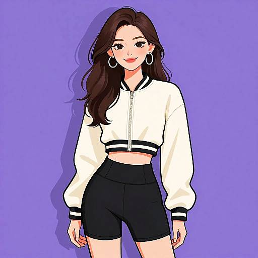 Digital drawing of a smiling young woman with long brown hair, wearing a white cropped jacket, black shorts, and hoop earrings, against a solid purple background