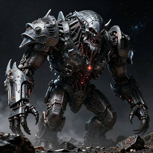 Digital art of a menacing, silver, spiked, robotic warrior with glowing red eyes and claws, standing on a rocky, smoky landscape under a star