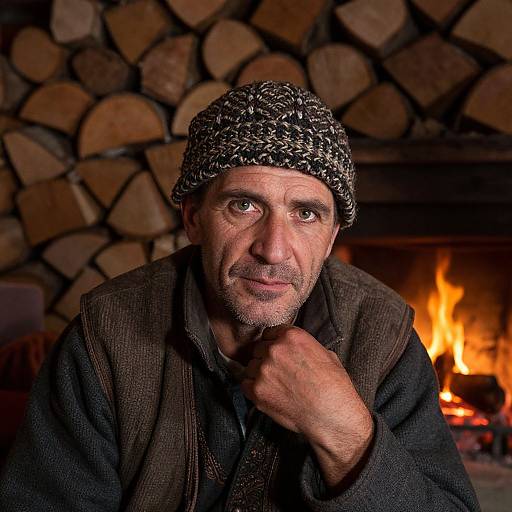 Photograph of a middle-aged man with a gray beard and speckled knit hat, wearing a dark vest, sitting in front of a roaring stone