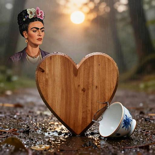 Wooden Heart in Rainy Mist