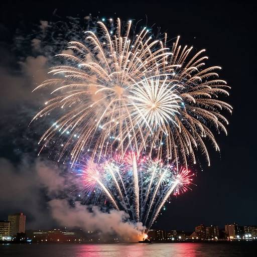 Photograph of vibrant fireworks exploding above a city skyline at night, with colorful bursts illuminating the dark sky and reflecting on a nearby body of water.