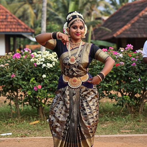 Photograph of a South Asian woman in traditional gold and black patterned saree, adorned with jewelry, standing confidently in a garden with blooming flowers