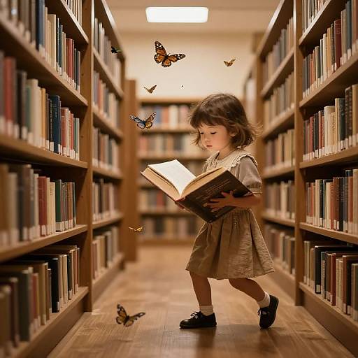 Photograph of a young girl in a brown dress, reading a book in a library aisle, surrounded by floating butterflies.