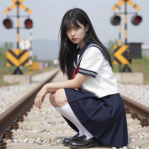 Asian Schoolgirl on Train Tracks