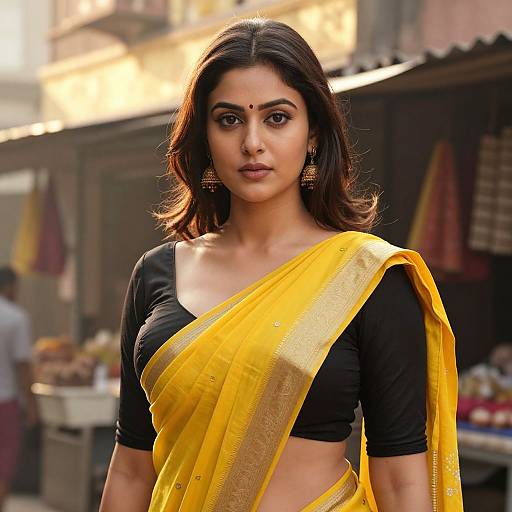 Photograph of a beautiful Indian woman with medium skin tone, dark wavy hair, and a yellow sari over a black crop top, standing in