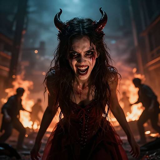 Photograph of a demonic woman with black horns, bloody face, and tattered dress, crouching amid fiery chaos, silhouetted figures