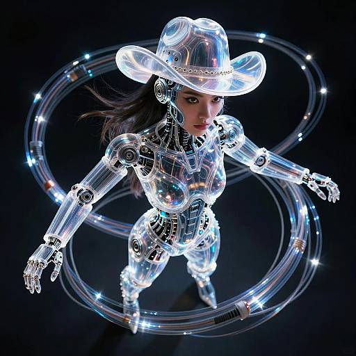 Digital CGI of a glowing, transparent robotic woman in a cowboy hat, spinning with illuminated rings against a black background.