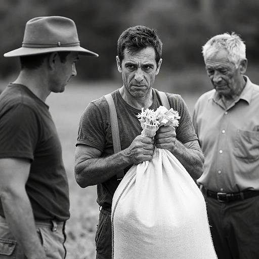 Three Men with Large Sack Outdoors