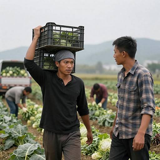 Farm Workers Carrying Crates in Vegetable Field