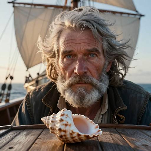 Photograph of an elderly man with gray hair and beard, intense blue eyes, holding a seashell on a wooden ship's deck, sails in