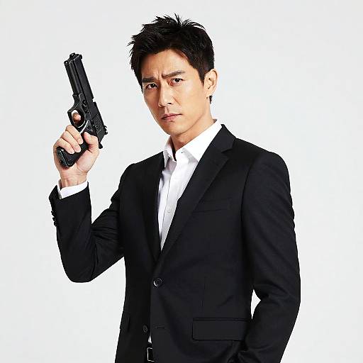 Serious Man in Suit Holding Pistol