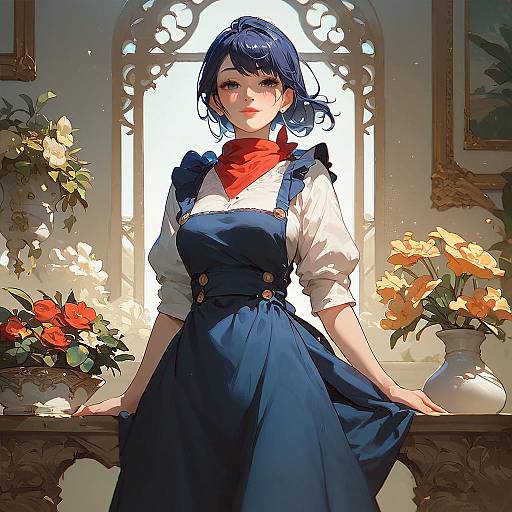 Anime Girl in Blue Dress with Flowers