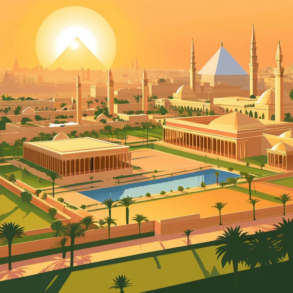 Illustrated Sunset Over Iconic Cairo Landmarks