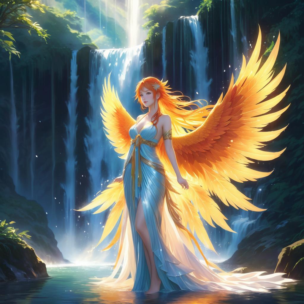 Majestic Phoenix Under Ethereal Waterfall