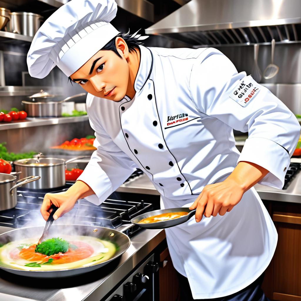 Anime Chef Cooking in a Bustling Kitchen