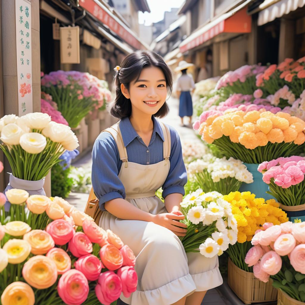 Shy Flower Seller in a Bustling Market