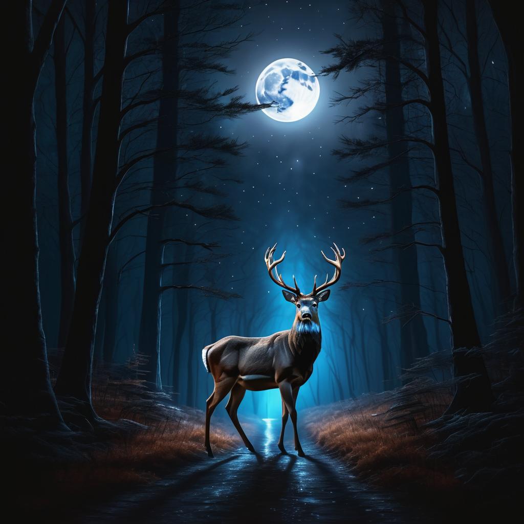 Eerie Nighttime Deer in Moonlit Forest