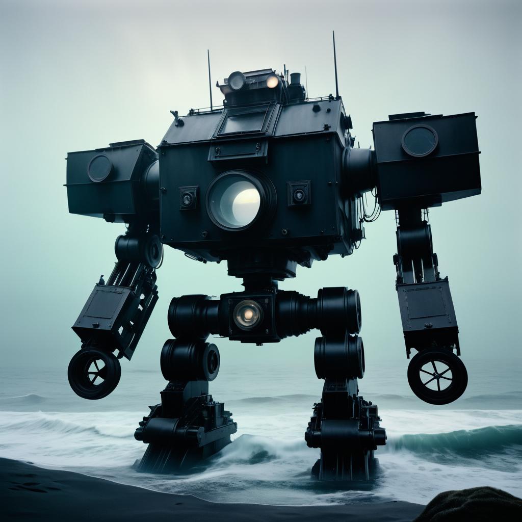 Giant Mech Conflict in a Foggy Sea