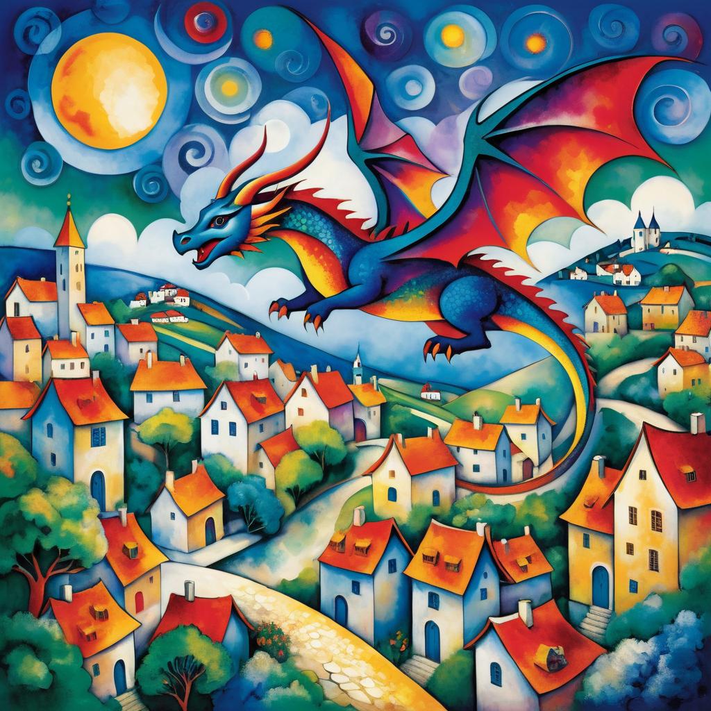 Chagall-Inspired Dragon Over Vibrant Village