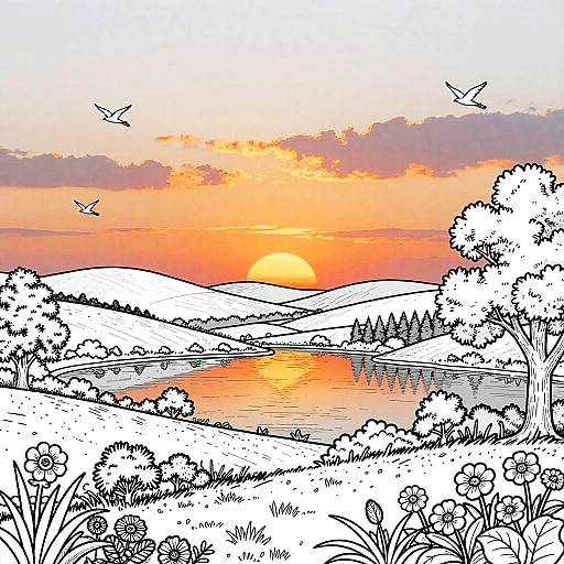 Colorful digital drawing of a serene sunset over a reflective lake, surrounded by hills, trees, and flowers, with birds flying in the orange and purple