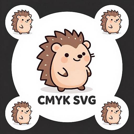 Digital cartoon of a cute, chubby, brown-spiky hedgehog with a smiling face, surrounded by four smaller versions and 