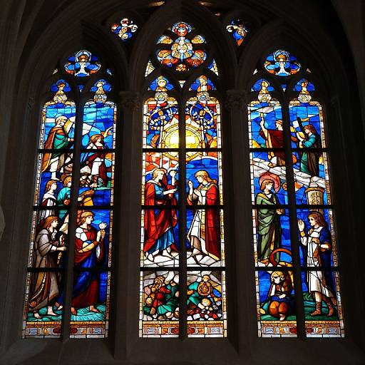 Vibrant stained glass window depicting biblical scenes with colorful figures, intricate details, and arches, illuminated by natural light.
