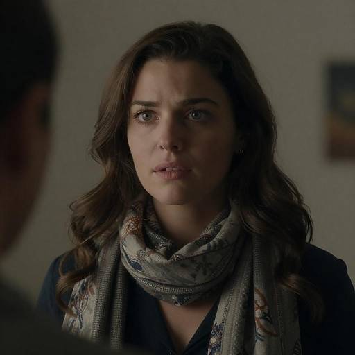 Woman with patterned scarf and concerned expression