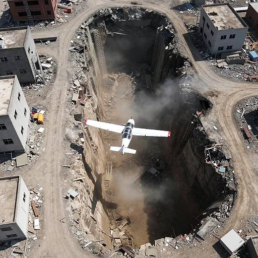 Small Airplane Flying Over Disaster Trench