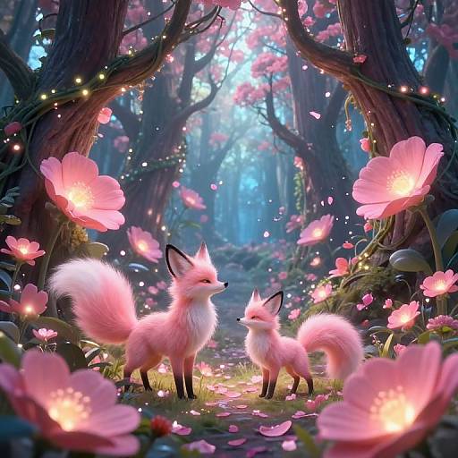 Enchanted Pink Forest with Mystical Foxes