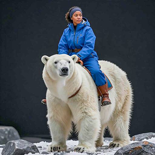 Woman Riding Polar Bear in Winter Gear