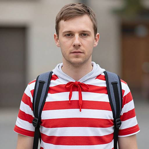 Photograph of a young Caucasian man with short brown hair, wearing a red-and-white striped polo shirt, black backpack, and neutral expression, standing in