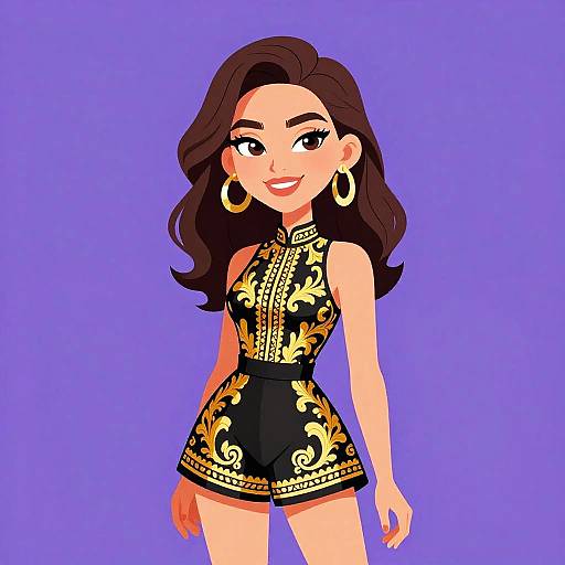 Digital illustration of a smiling woman with long brown hair, wearing gold hoop earrings, and a black sleeveless romper with gold floral patterns, set against
