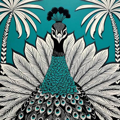 Ornate Peacock Oil Painting in Gond Style