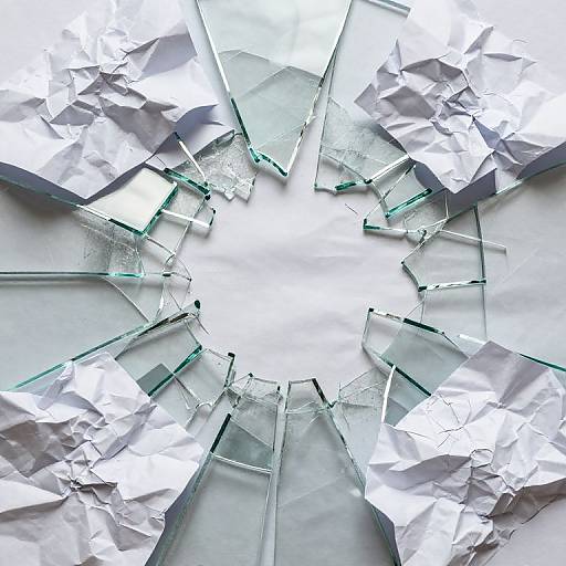 Photograph of a shattered glass ceiling viewed from below, with jagged, reflective glass shards radiating outward in a circular pattern. Bright white light shines