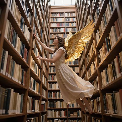 Photograph of a winged angel with golden wings, flowing white dress, and brunette hair, floating between towering bookshelves in a library.