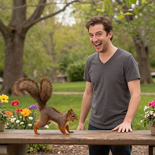 Photograph of a smiling man in a gray shirt standing outdoors, beside a small red squirrel on a wooden table, surrounded by colorful flowers and lush green