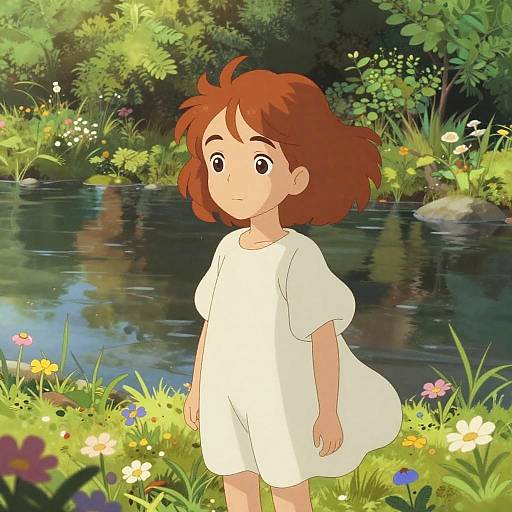 Animated Girl by Flower Meadow and Brook