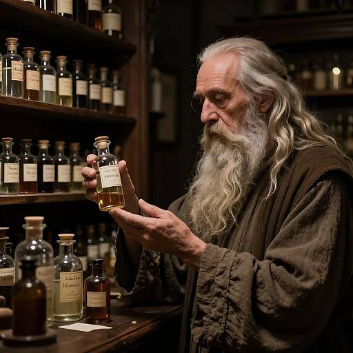 Photograph of an elderly white man with a long gray beard, wearing a brown robe, inspecting bottles of liquor in a dimly lit, clutter